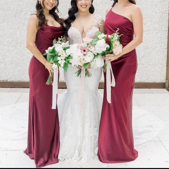 Fitted One Shoulder Stretch Satin Long Dress Cabernet - Picture 1 of 1